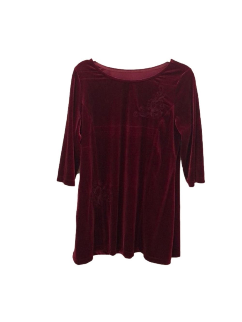Rich Red Velvet Dress With Embossed Floral Design And Bateau Neckline. Size L